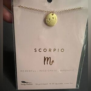 Lucky Feather Scorpio Zodiac 16-18” Adjustable Necklace, 14k gold dipped, new